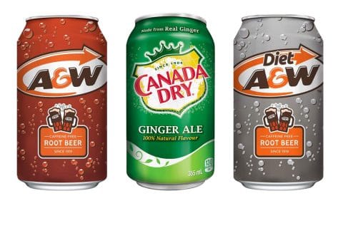Three American Soda cans, specifically A&W Root beer, diet A&W root beer and Canada Dry soda