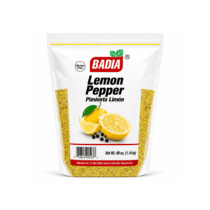 Bag of Badia Lemon Pepper seasoning with lemon image on label and transparent white pouch casing