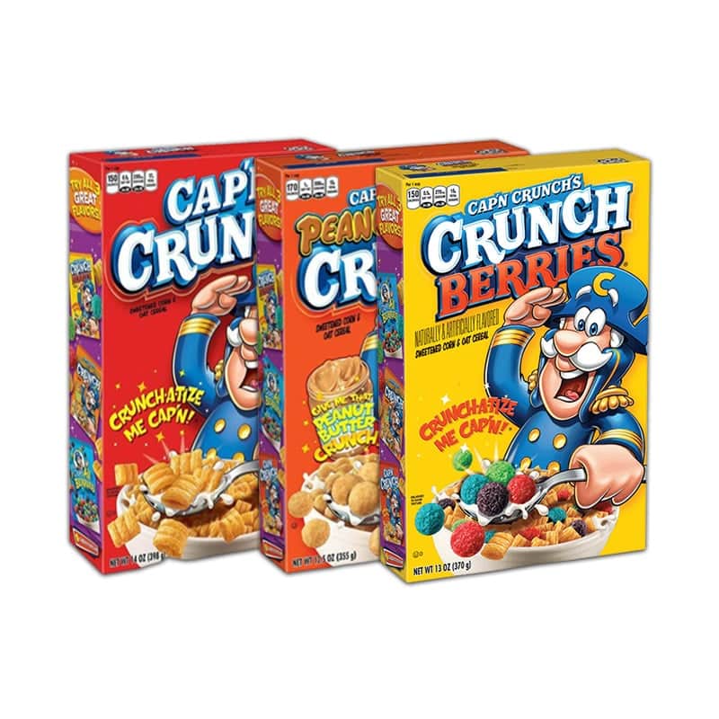 Captain crunch original, peanut butter crunch, and crunch berries