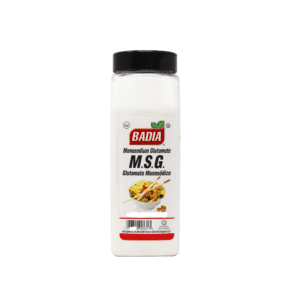 Badia MSG Monosodium Glutamate seasoning bottle with black cap and white powder used to enhance savory flavor in dishes
