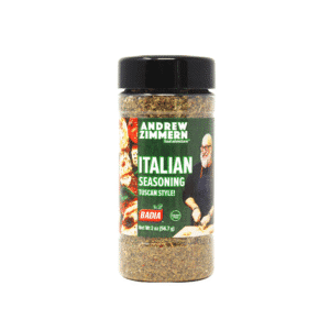Bottle of Andrew Zimmern Italian Seasoning (Tuscan Style) with Badia logo, herb blend in a clear jar against a white background.
