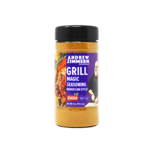 Bottle of Andrew Zimmern Grill Magic Moroccan-Style Seasoning (4 oz) with purple label and black cap