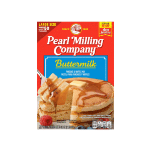 Box of Pearl Milling Company Buttermilk pancake and waffle mix with a stack of pancakes topped with butter and syrup on the front red packaging.