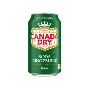 Green Canada Dry ginger ale can with the red-and-gold logo and crown, labeled Soda Gingembre, 355 mL (natural flavor).