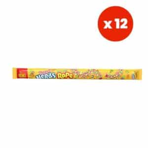 Nerds Rope candy bar in a yellow wrapper, laid horizontally, with a red 'x12' badge indicating twelve pieces