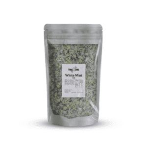 Stand-up silver bag of Two Hues White Mint candy with a white label reading 'White Mint'.