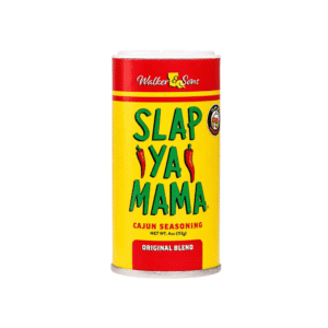 Can of Slap Ya Mama Cajun seasoning (Original Blend) in bright yellow and red labeling by Walker & Sons.