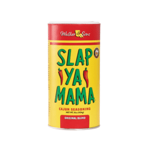 Can of Slap Ya Mama Cajun seasoning, original blend, yellow can with red top and green lettering