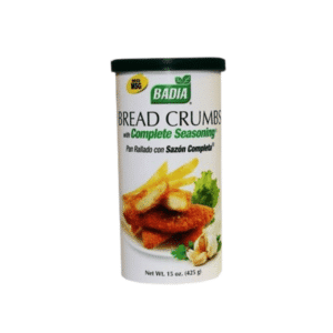 Canister labeled Badia Bread Crumbs with Complete Seasoning, showing fried breaded pieces on the label.