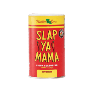 Can of Slap Ya Mama Cajun seasoning (hot blend) by Walker & Sons, red-yellow labeling.
