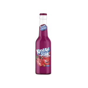 Bottle of Kool-Aid Soda in Black Cherry flavor with a purple label and smiling cherry graphic