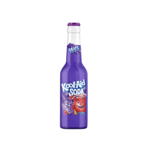 Purple Kool-Aid Soda bottle with grape flavor and cartoon smiley label Viewers see iconic Kool-Aid branding on a purple bottle for sale in stores