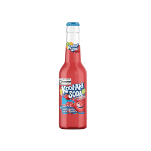 Kool-Aid SODA bottle with red tropical punch liquid and a blue label on a white background