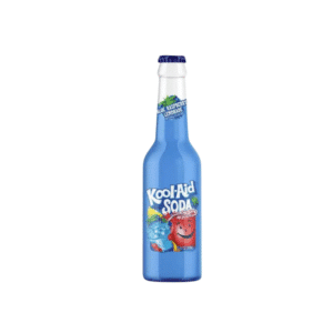 Blue Kool-Aid Soda bottle with a smiling red package on the label and ‘Kool-Aid Soda’ text visible (Blue Raspberry Lemonade flavor)