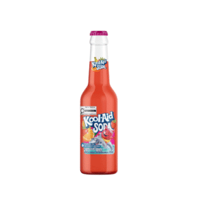 Kool-Aid SODA bottle with red drink and colorful label facing forward.