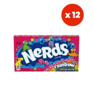 Nerds Rainbow candy box with four cartoon NERDS characters and an orange 'x12' badge indicating 12-count package