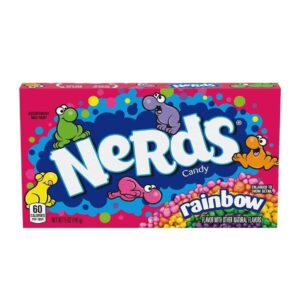Box of Nerds Rainbow candy with bright pink packaging, large white 'Nerds' logo, and colorful candy clusters depicted on the front.