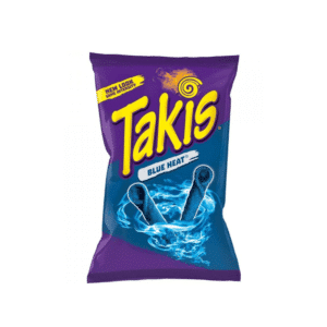 Bag of Takis Blue Heat tortilla chips with purple packaging and yellow logo on the front.