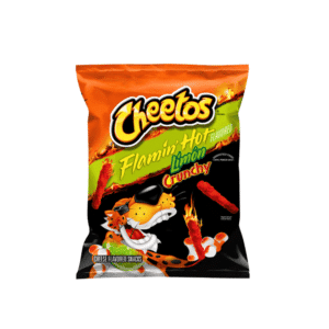 Bag of Cheetos Flaming Hot Lime flavored crunchy cheese snacks with a cartoon cheetah and fiery lime design on orange/green/black packaging.