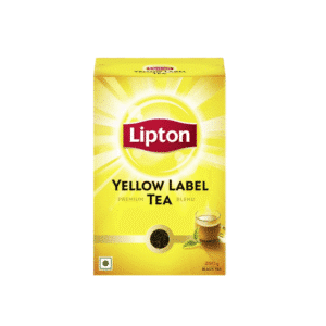 Lipton Yellow Label Tea front of package with Lipton logo and a cup of tea, bright yellow design.